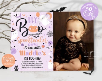 Editable Halloween Purple Ghost Birthday Invite Girl Cute Hey Boo Theme Spooktacular Invitation Template Instant Download Printable