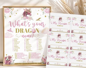 Dragon Name Game Party Activity Sign, Pink & Gold Birthday (Digital Download)