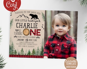 May include: A printable invitation for a first birthday party with a lumberjack theme. The invitation features a cartoon bear, a red and black plaid pattern, and the text "Our Little Lumberjack Charlie is Turning One".