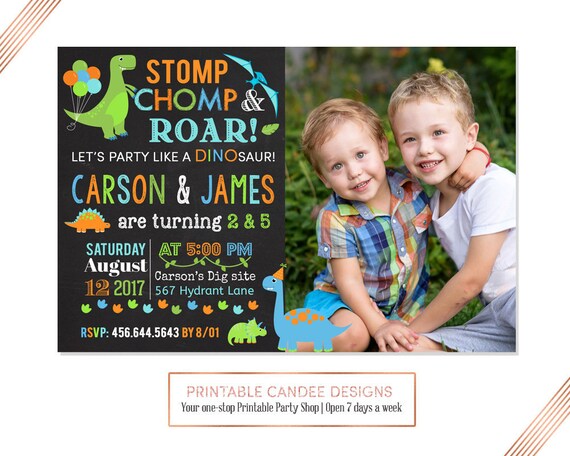 Twin Sibling Dinosaur Birthday Invitation Dino Party Invite Chalk Dino Boy Orange Bue Green Printable File
