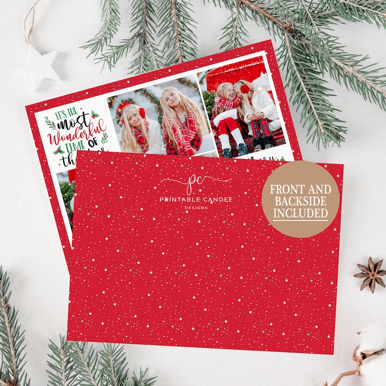 May include: A red Christmas card with a white snowflake pattern. The front of the card features a photo collage of two girls in winter clothing. The text on the card reads "It's the most wonderful time of the year". The back of the card has the text "Printable Candee Designs" and "Front and Backside Included".