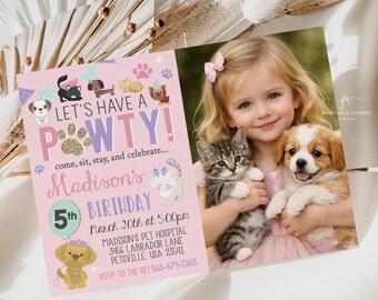 Pet Party Invitation Template Pink Puppy Kitten Pawty Birthday Photo Invite Printable PPKDT