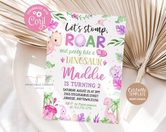 May include: A pink and green dinosaur-themed birthday party invitation with the text "Let's stomp, ROAR and party like a DINOSAUR Maddie is turning 2" and details for the party.