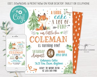 Op de afbeelding: Een uitnodiging voor een eerste verjaardagsfeest met een bos-thema met een schattige vos-illustratie. De uitnodiging is voor een jongen genaamd Coleman en bevat details zoals de datum, tijd en locatie van het feest. De tekst luidt "Een klein taartje, veel plezier! Onze kleine vos Coleman wordt één jaar!"