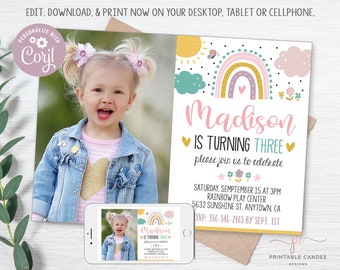 May include: A printable birthday invitation with a rainbow, clouds, and flowers. The invitation says "Madison is turning three" and includes details for the party. The invitation has a photo of a young girl with blonde hair and a pink shirt.