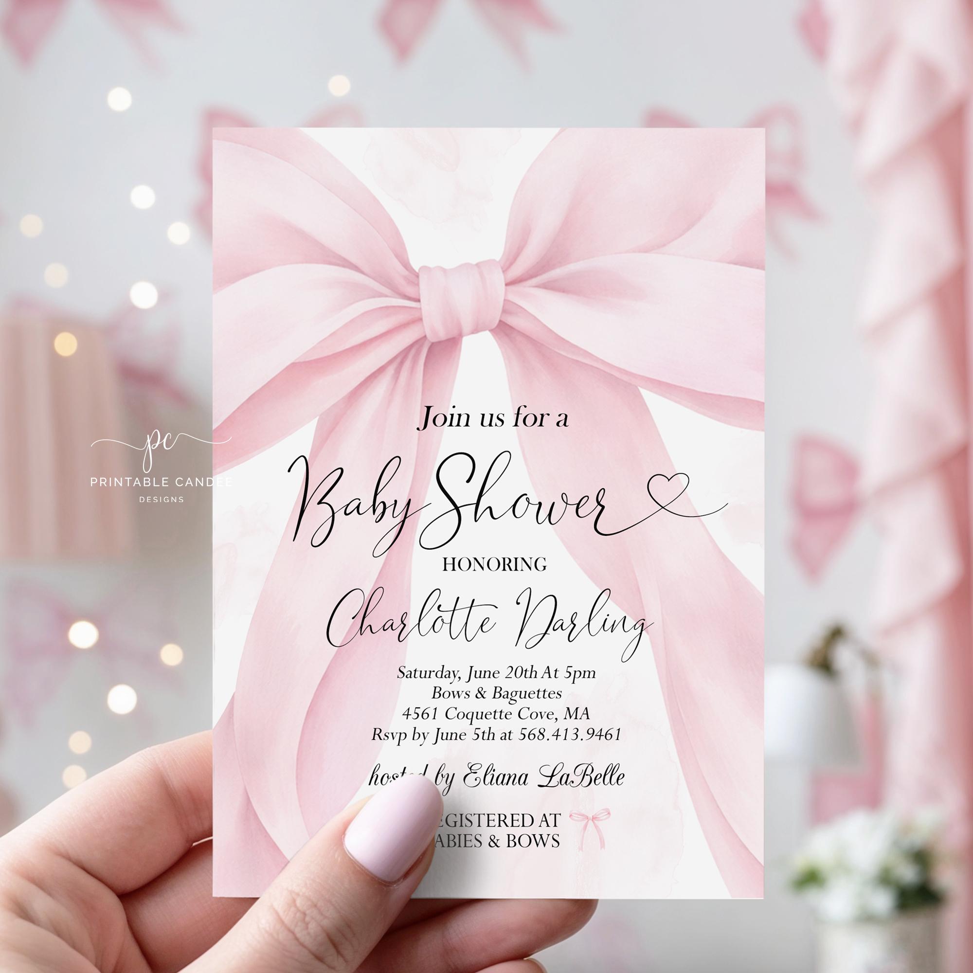 Blush Pink Bow Baby Shower Invitation Template Girl Invite Pink ...