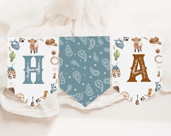Cowboy Birthday Flag Banner Rodeo Party Highland Cow Ranch Digital Template