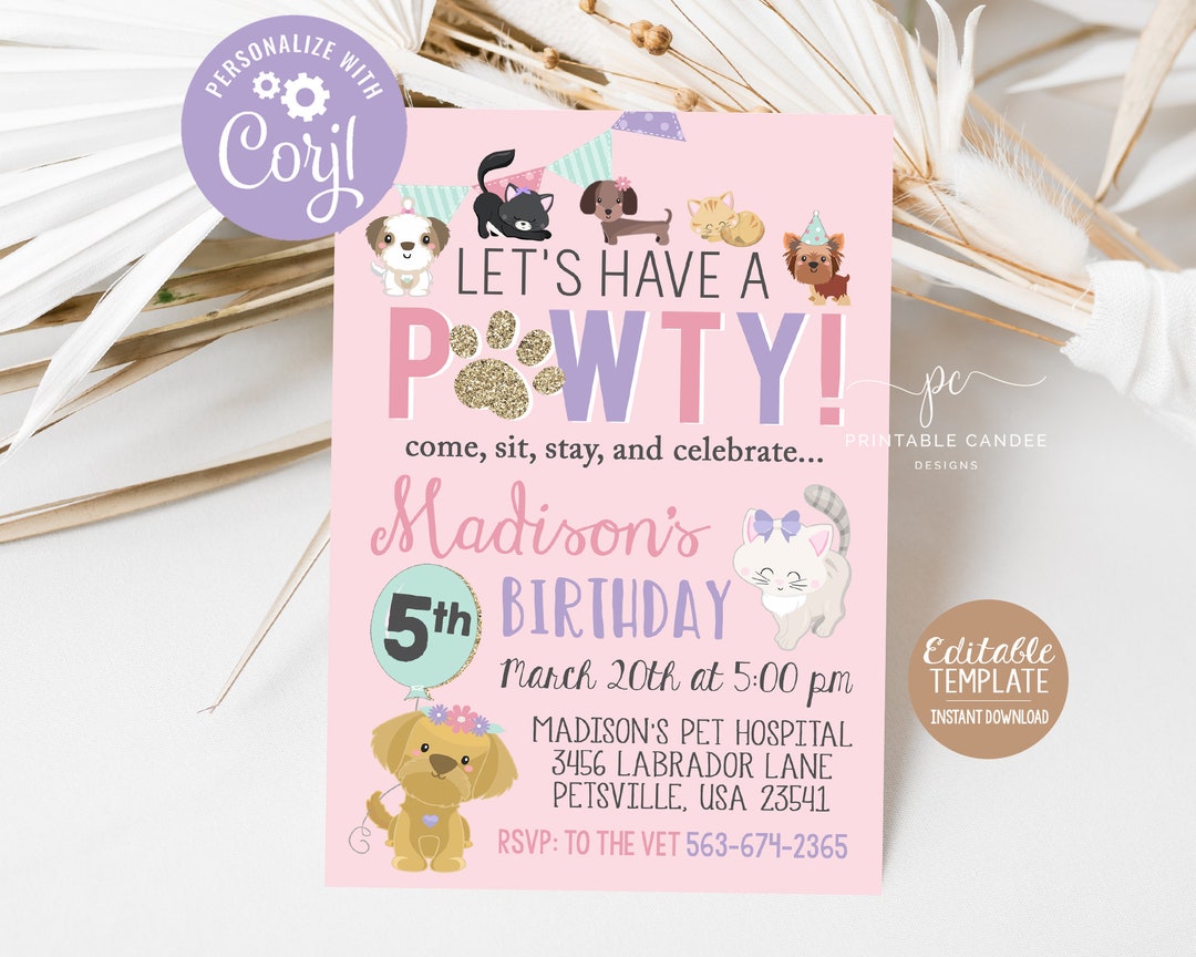 Girl Puppy Kitten Birthday Invitation Cat Dog Party Pink Adorable Pet ...