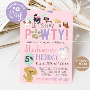 Girl Puppy Kitten Birthday Invitation Cat Dog Party Pink Adorable Pet Theme Pawty Invite Editable Template