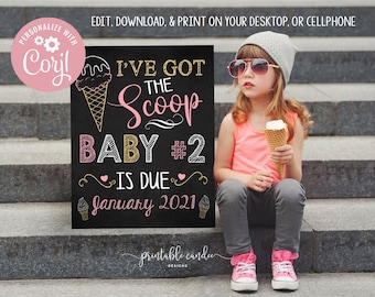 Ice cream Big Sister Pregnancy Announcement Summer Got the scoop Editable Template Promoted Sign Chalkboard Printable File
