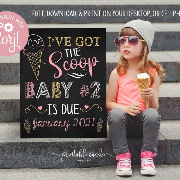 Ice cream Big Sister Pregnancy Announcement Summer Got the scoop Editable Template Promoted Sign Chalkboard Printable File