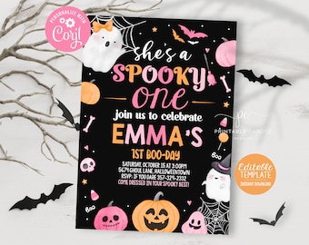 Editable Halloween Pink Ghost 1st Birthday Invite Girl Hey Boo Theme Spooktacular Invitation Template Instant Download Printable
