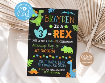 Editable dinosaurio 3er cumpleaños invitación Dino tres Rex invitar tema descarga instantánea plantilla archivo imprimible