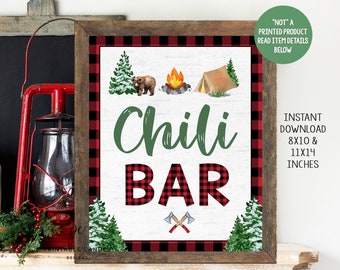 Chili Bar Sign Camping Party Decor Lumberjack One happy Camper Signs Bear Birthday Party Printables Instant Download
