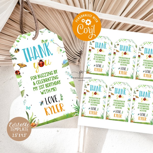 Bug Favor Tags Editable Boy Bug Birthday Party Insect Theme Gift Tags Beetle Bee Template Instant download