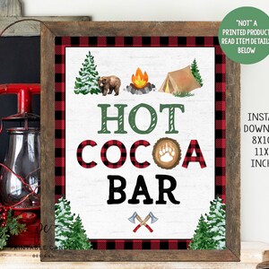 Hot Cocoa Bar Sign Camping Party Decor Lumberjack One happy Camper Signs Bear Birthday Party Printables Instant Download