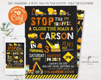 May include: Construction themed birthday party invitation with a black background and yellow and orange accents. The invitation says "Stop the Traffic! Close the Road! Carson is turning 3 years old. Saturday, August 14, 2021, 3 PM. Carson's Dig Site, 4536 Dirt Drive, Anytown, GA. RSVP: To the Site Operator: 731-654-6540"