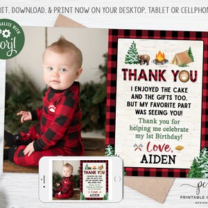 Editable Camping Thank you One Happy Camper Smores Lumberjack Template Plaid 1st Printable Instant Download File