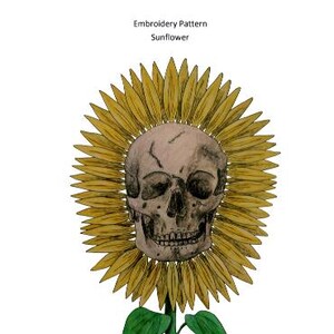 May include: An illustration of a sunflower with a skull in the center. The sunflower has yellow petals and green leaves. The text "THE Onyx Oracle" is at the top, with "Embroidery Pattern Sunflower" below.