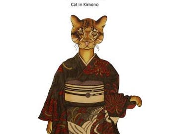 Cat in Kimono Digital Hand Embroidery PDF Pattern