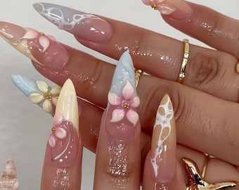 Almond Stiletto Flower Press On Nails – French Cat Eye Gradient Set