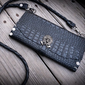 Large Handcrafted Snake Print Black Leather Purse With Silver Rivets Chain Cross Body, Punk Rock black Wallet Silver Skull Ironic Dilemma