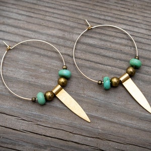 18K Gold Plated Hoop dangle statement Earrings with Vintage turquoise & Brass Beads Upcycled Boho Jewelry Hand Made Unique Ironic Dilemma