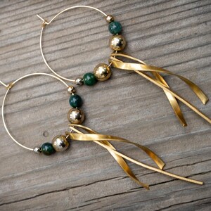 18K Gold Plated Hoop dangle statement Earrings with Green Moss Agate & Vintage Brass Beads Upcycled Boho Jewelry Hand Made Ironic Dilemma
