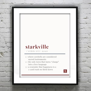 Póster de la definición de Starkville MS • Impresión artística de Mississippi • Decoración de pared de la ciudad universitaria • Descarga digital