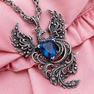 Handmade Phoenix Necklace With Blue Gemstone, Antiqued Silver Tone Bird Pendant for Gothic Romantic Statement Jewelry