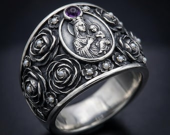 Sterling Silver Statement Ring, Gothic Revival Floral Madonna Icon, Antiqued Patina, Amethyst Accent