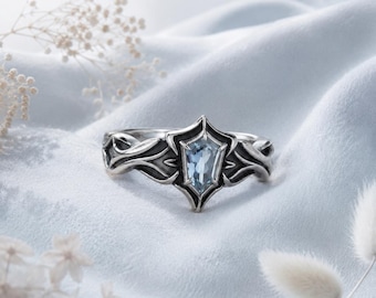 Sirius Hunter Shield Ring, 925 Silver Blue CZ Gothic Thorn, Unisex Dark Star Band, Indie Designer Statement Jewelry Gift