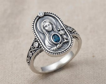 Artisan Crafted Sterling Silver Holy Mary Gemstone Ring, Vintage Religious Keepsake Jewelry for Spiritual Wear & Gifting