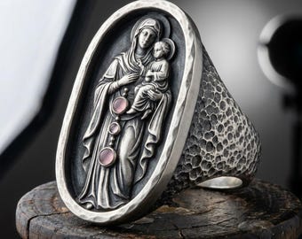 Oxidized Sterling Silver Madonna Child Ring, High Relief Religious Statement Jewelry