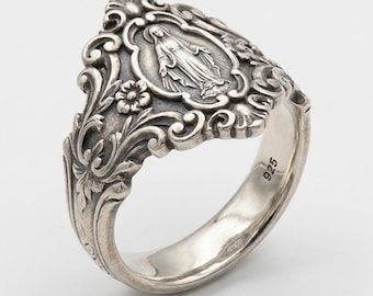 Vintage Inspired 925 Sterling Silver Miraculous Virgin Mary Signet Ring, Heirloom Catholic Devotion Jewelry For Everyday Wear And