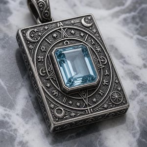 May include: A rectangular silver pendant featuring an emerald-cut light blue gemstone at the center. The metal surface is engraved with intricate celestial motifs, including crescent moons, stars, and various symbols arranged in a circular pattern.