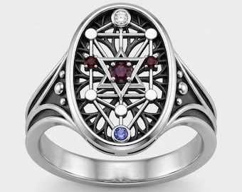 Anpassbarer Sterling Silber Kabbalah Baum des Lebens Ring mit Edelsteinen, Esoterik okkulter Statement Ring für spirituelle Schmuckliebhaber