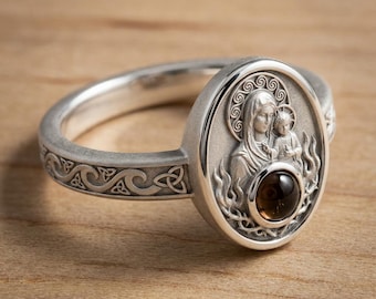 Celtic Virgin Mary and Child Silver Signet Ring, Engraved Religious Gemstone Ring, Spiritual Faith Keepsake Made To Your Size