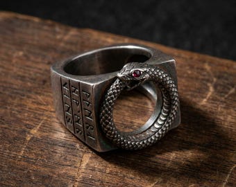 Oxidized Sterling Silver Ouroboros Ring Alchemical Runes Gemstone Eyes Gothic