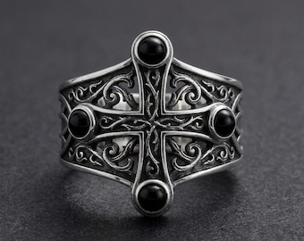 Gothic Cross Sterling Silver Ring for Men with Gemstones – Medieval Statement Jewelry