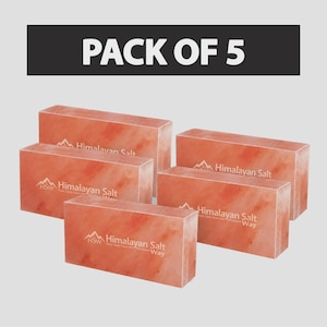 May include: A pack of five rectangular Himalayan salt blocks with a pink, marbled texture. Each block features a white logo with a mountain graphic and the text Himalayan Salt Pure Taste from the Himalayan Way printed on the front surface.