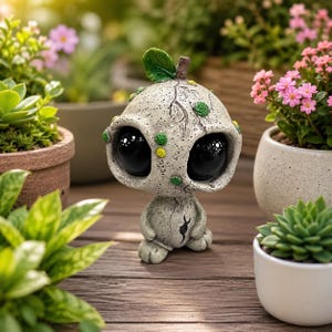 May include: A small, round, light gray creature figurine with a textured, cracked surface, large glossy black eyes, and a single green leaf on top. The figure features small, colorful green and yellow circular accents and a stem-like protrusion.