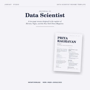 May include: A white resume template for a Data Scientist, featuring the name "Priya Raghavan". The design is inspired by Hermès, Vogue, and the New York Times Magazine. The words "Instant Download" are visible at the bottom of the image.