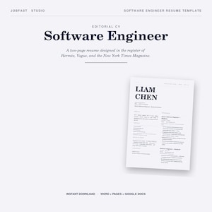 Könnte beinhalten: Eine Vorlage für einen Lebenslauf für Software-Ingenieure mit minimalistischem Design. Der Text "Software Engineer" ist fett und dunkelblau. Der Lebenslauf ist ein zweiseitiges Dokument mit dem Namen "Liam Chen" oben. Sofortiger Download.