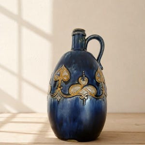 Puede incluir: Una jarra de cerámica azul oscuro con asa y diseño decorativo. La jarra presenta un cuerpo bulboso y un cuello estrecho. El diseño incluye formas de hojas doradas y blancas y otros detalles ornamentados. La jarra se exhibe sobre una superficie de madera.