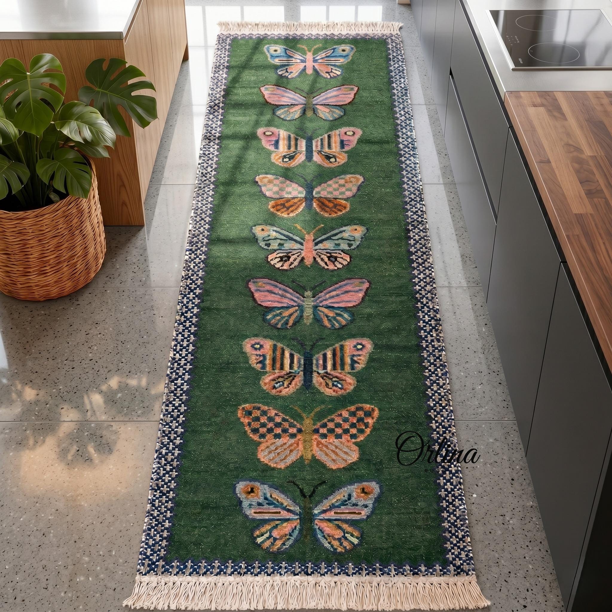 Butterfly Runner Rug Hand Knotted Wool Butterfly Runner Rug – Forest Green, Whimsical ...