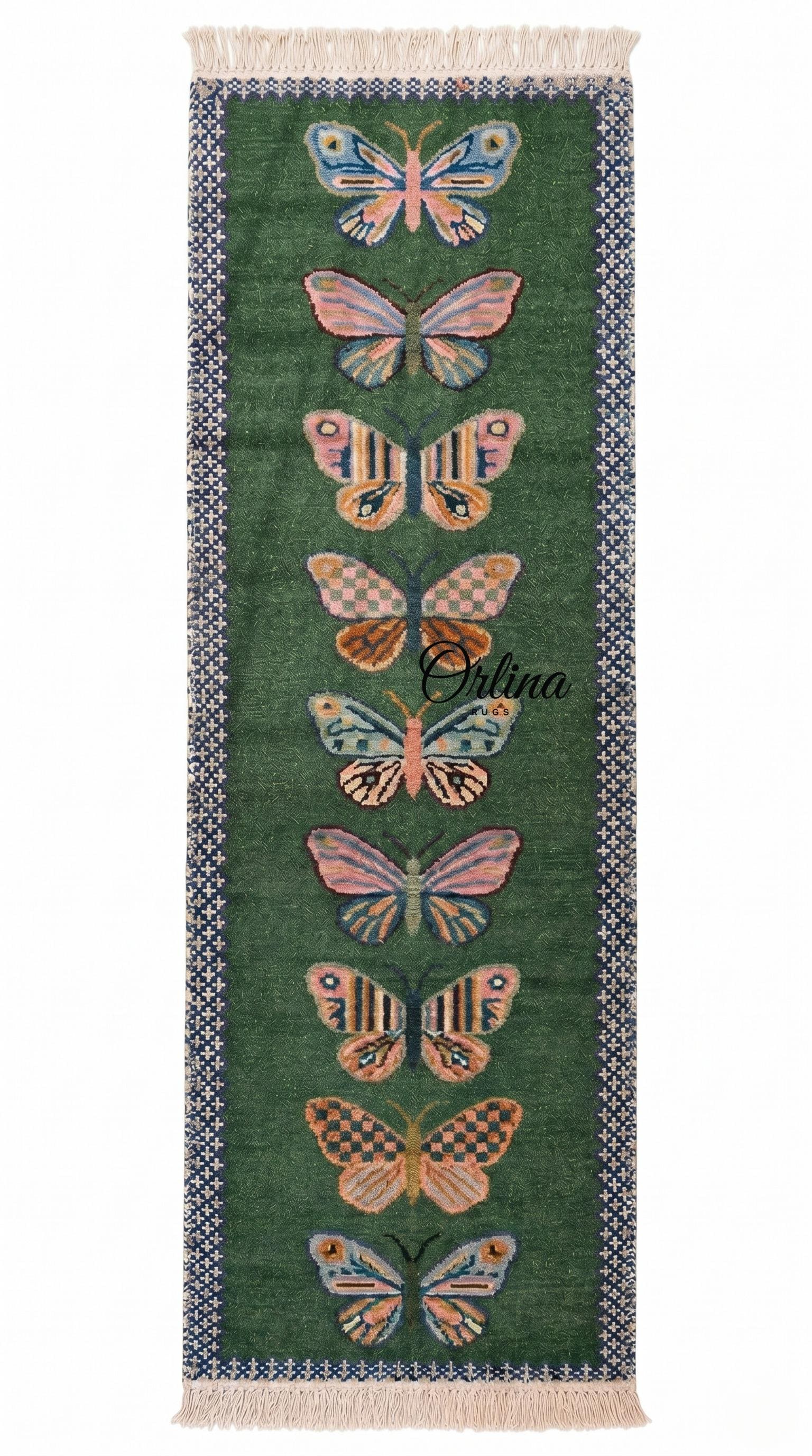 Butterfly Runner Rug Hand Knotted Wool Butterfly Runner Rug – Forest Green, Whimsical ...