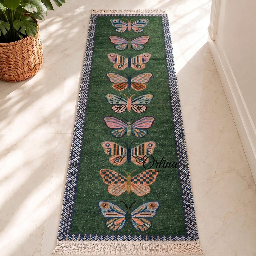 Butterfly Runner Rug Hand Knotted Wool Butterfly Runner Rug – Forest Green, Whimsical ...