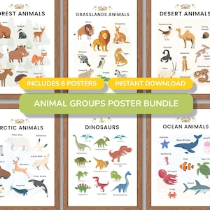 May include: Six framed educational posters featuring various animal groups: forest, grasslands, desert, arctic, dinosaurs, and ocean creatures. Each poster displays colourful illustrations and animal names. The bundle is labelled "ANIMAL GROUPS POSTER BUNDLE".