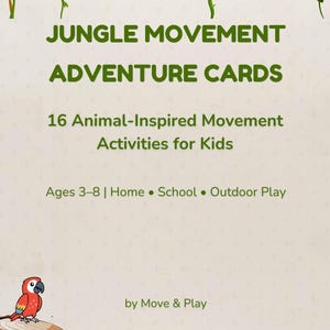 Op de afbeelding: Een jungle-thema avonturenkaartenset voor kinderen, met een illustratie van een aap en een papegaai. De kaarten zijn ontworpen voor dierlijk ge&iuml;nspireerde bewegingsactiviteiten voor kinderen van 3-8 jaar, geschikt voor thuis, op school en buitenspelen.